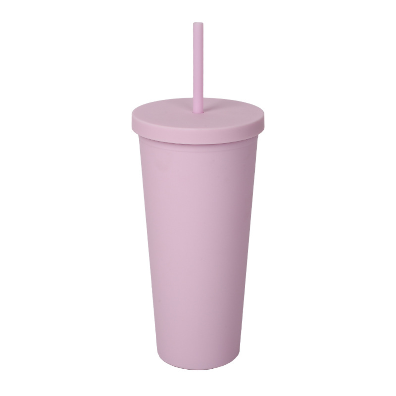 Cross-Border Amazon New Modern Flat Lid Plastic Water Cup Trending Cartoon Portable 710ml Double-Layer Cup with Straw