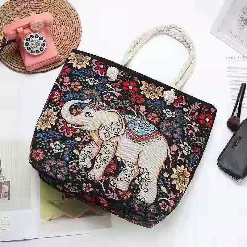 Double-Sided Ethnic Embroidery Thick Rope Bag Women's Live Embroidery Peacock Elephant Canvas Bag Large Capacity Stall Shoulder Bag