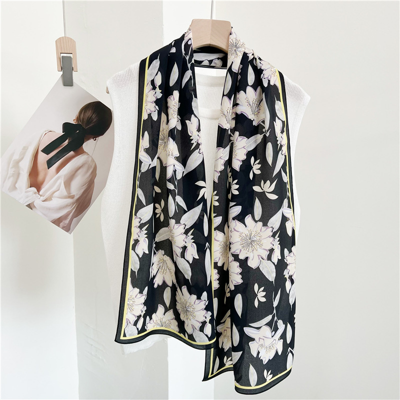 气质黑色花卉真丝双绉小长条丝巾围巾女春秋季长款桑蚕丝小披肩