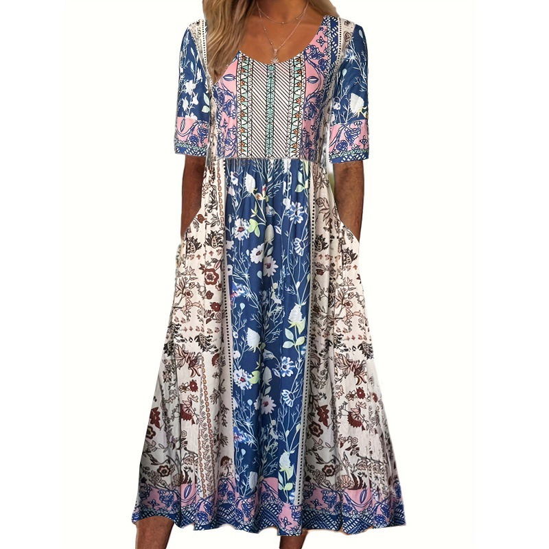 2024 European and American Amazon Summer New Women's round Neck Short Sleeve Dress Bohemian Print Dress Women