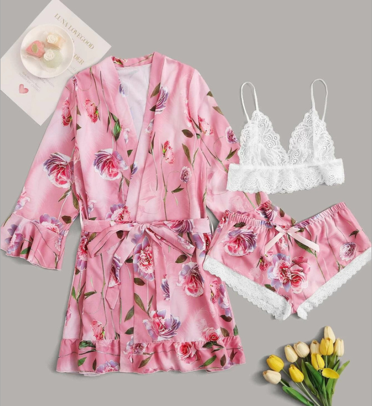 跨境睡衣仿真丝家居服女士内衣睡裙ebay货源欧美的厂家印花三件套
