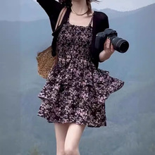 夏季甜美韩系洋气显瘦小众温柔舒适短款多层碎花连衣裙+开衫套装