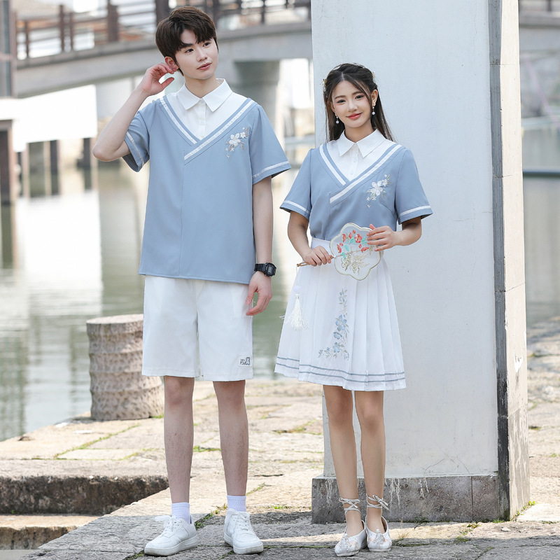 实拍情侣学院风复古刺绣国风夏季短袖套装班服 校服-阿里巴巴
