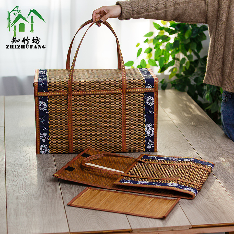 4nf8批发手提兰花布竹编竹筐手提竹篮年货大号包装礼盒鸡蛋水果大