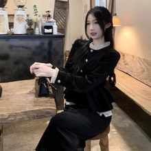 金丝绒套装衣服女大码秋冬款复古花边上衣裙丝绒蕾丝半身裙两件套