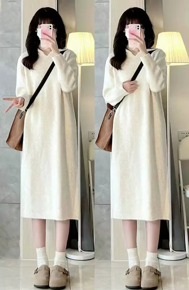 白色连帽长袖针织连衣裙女秋冬韩版宽松配大衣打底内搭长款毛衣裙