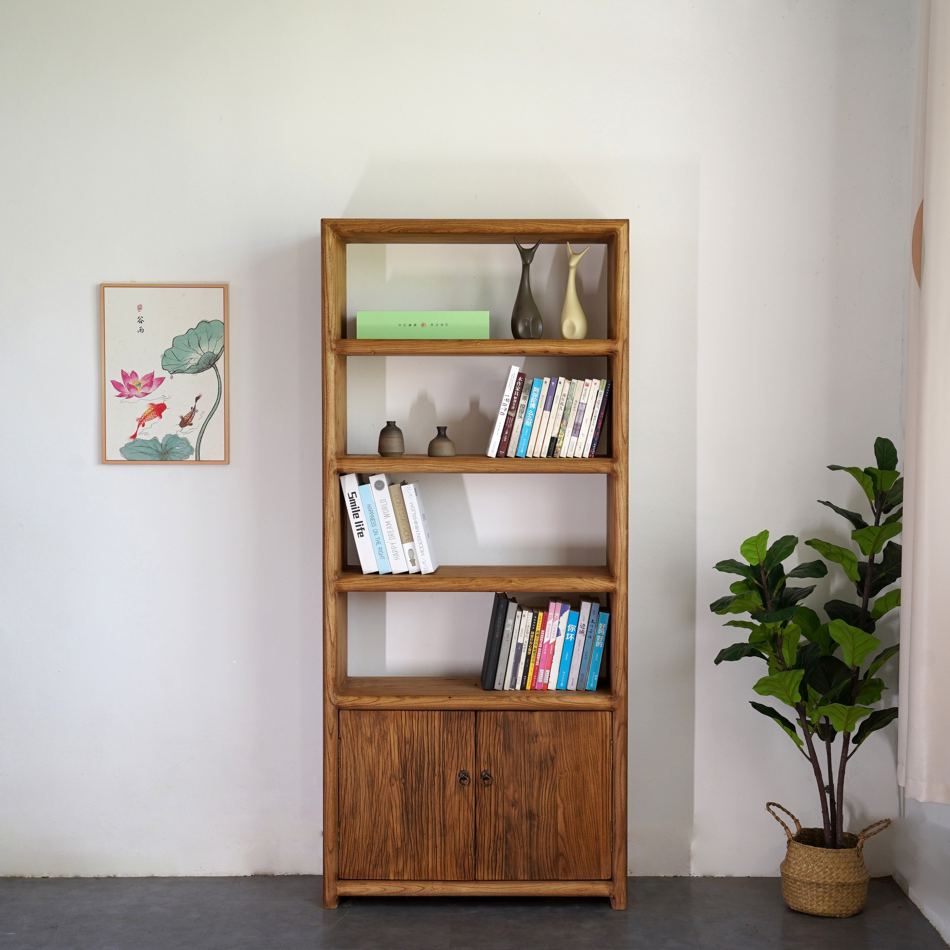 老榆木书柜新中式实木柜简约储物柜陈列展示柜书房储藏书橱可