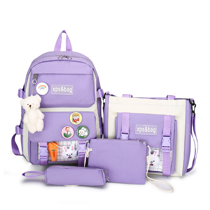 Four-Piece Student Schoolbag Primary School Girls Junior High School Student High School Backpack College Student Canvas Contrast Color Backpack