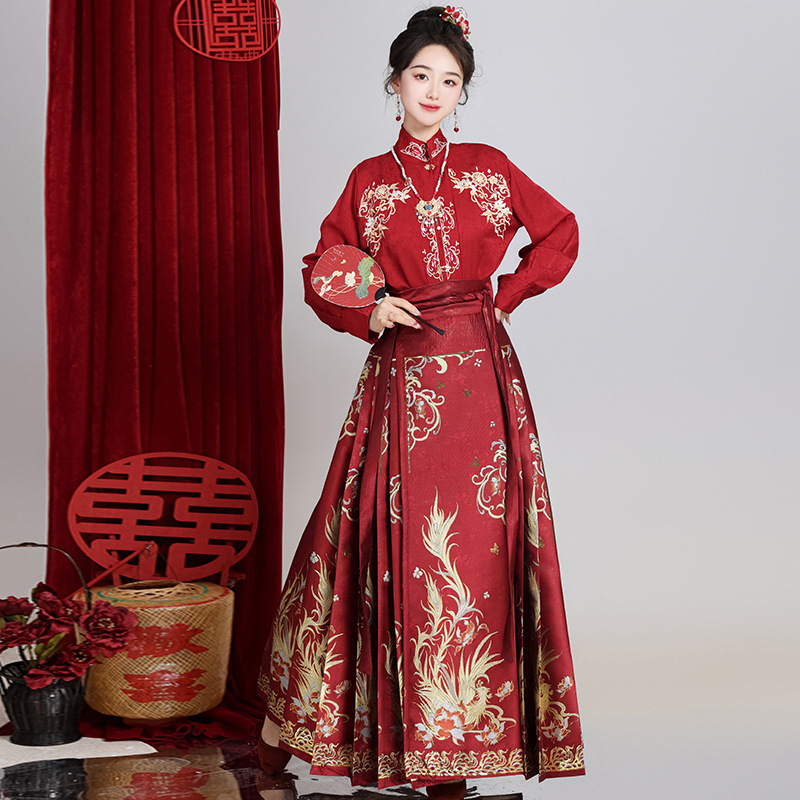 New Chinese Style Horse-Face Skirt Suit Women's Makeup Flower Hanfu Toast Clothing Chinese Style Red Wedding Clothes Matching Top Winter Style