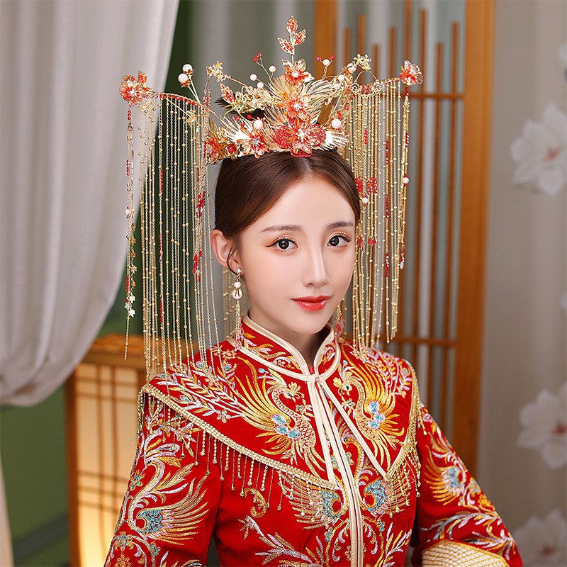 新娘秀禾头饰新款古装发饰品秀禾服凤冠红色结婚流苏步摇中式