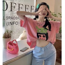 粉色短袖t恤女夏季新款韩版卡通印花中长款宽松大码休闲上衣7511