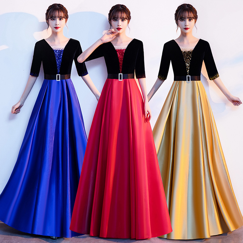 大合唱团演出服女长裙气质红歌合唱队指挥表演服装主持年会晚礼服