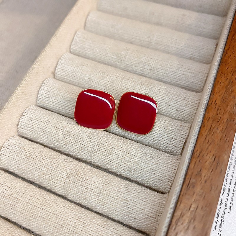 Silver Stud Rhinestone-Encrusted Red Lint Bowknot Earrings Autumn and Winter Wild Earrings Fashion Vintage Earrings Factory Wholesale