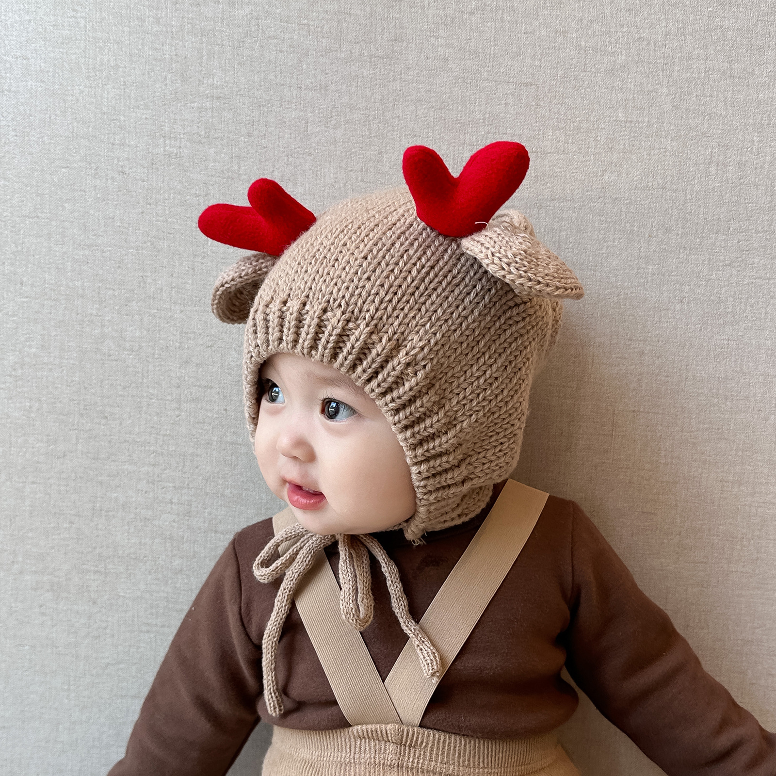 冬季圣诞麋鹿角保暖帽男童女宝包芯纱针织帽系绳护耳防风帽0-5岁