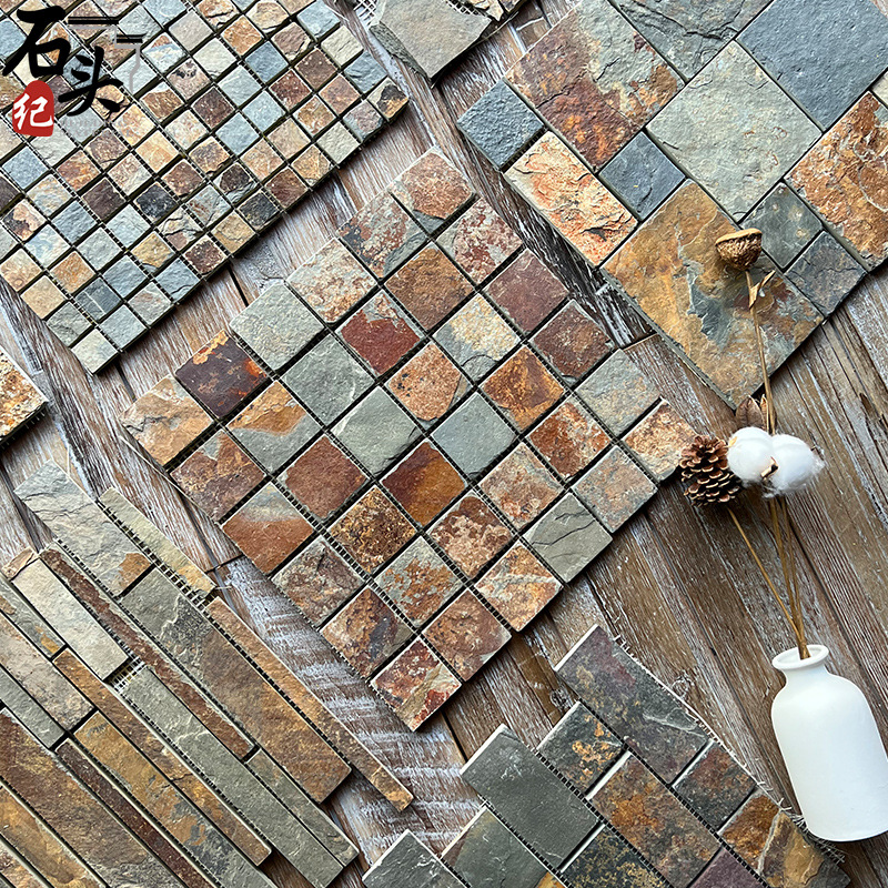 天然文化石材马赛克杂锈色乱拼别墅内外花园鱼池背景墙铺地防滑砖
