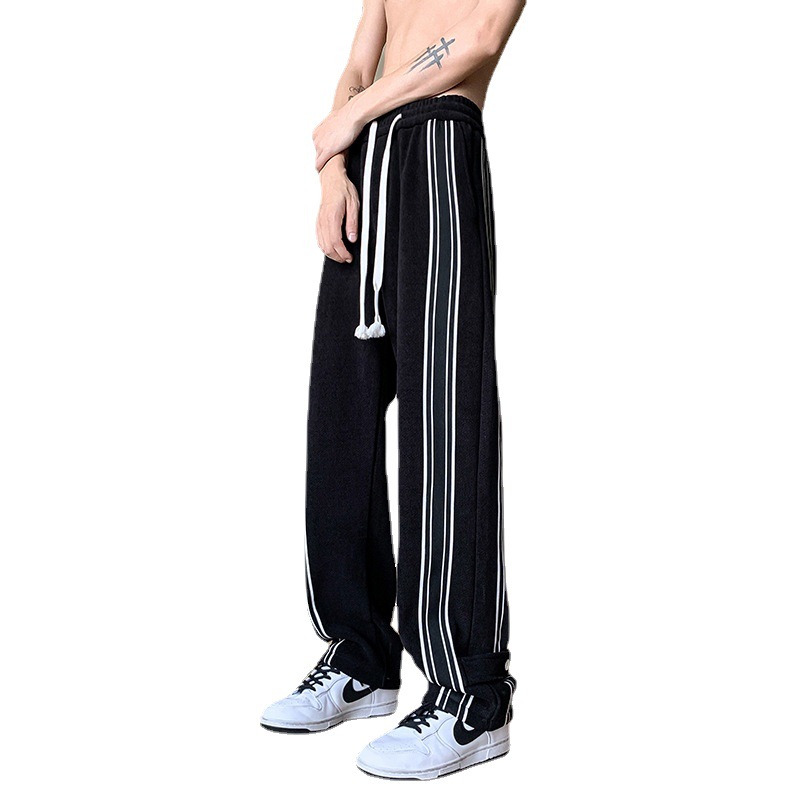   Black and White Striped Pants Men's Spring American High Street Drooping Straight Sports Pants Fashion Brand oose Wide eg Casual Trousers