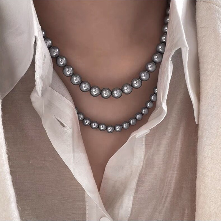 Vintage Necklace Gray Shijia Pearl Necklace High-Grade Temperament Wild Sweater Chain Light Luxury Minority Necklace Jewelry