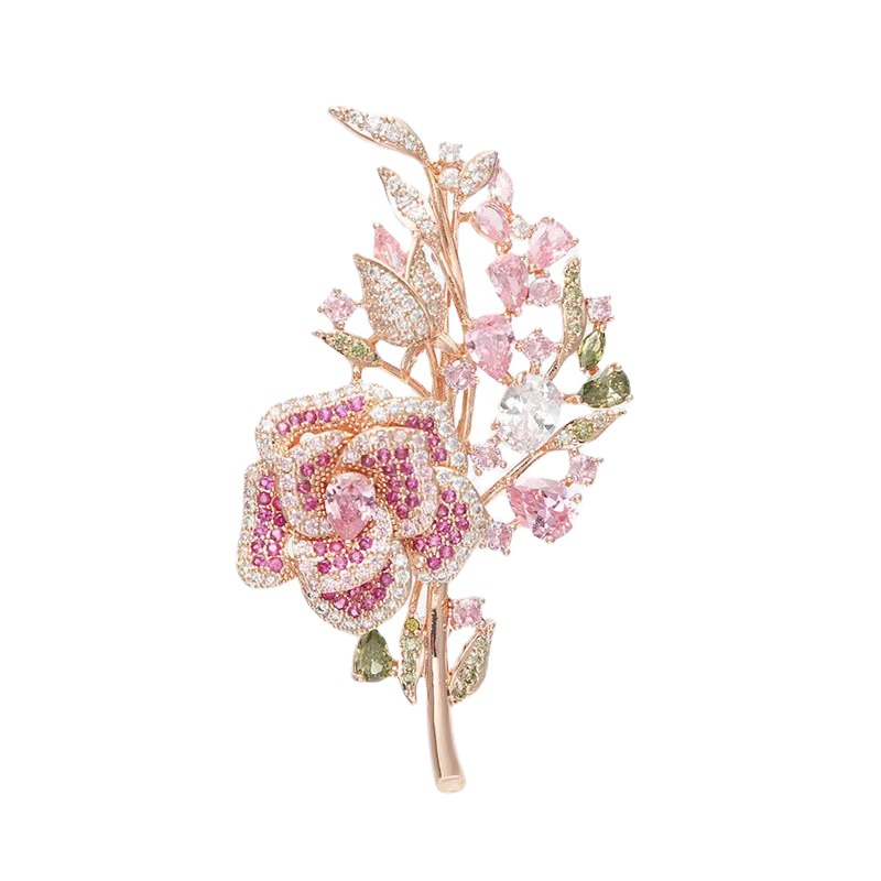 Fashion New Rose Brooch Female Pink Corsage Suit Coat Shirt High-Grade Flower Zircon Pin Accessories