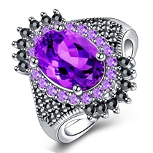 镀泰银黑复古紫水晶戒指环 开口活口镶嵌黑矿石紫龙晶大宝石戒指