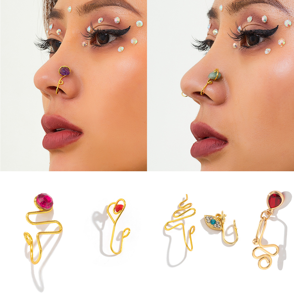 欧美几何水滴松石免穿孔鼻夹鼻钉个性简约不规则线条星月穿刺鼻环采购