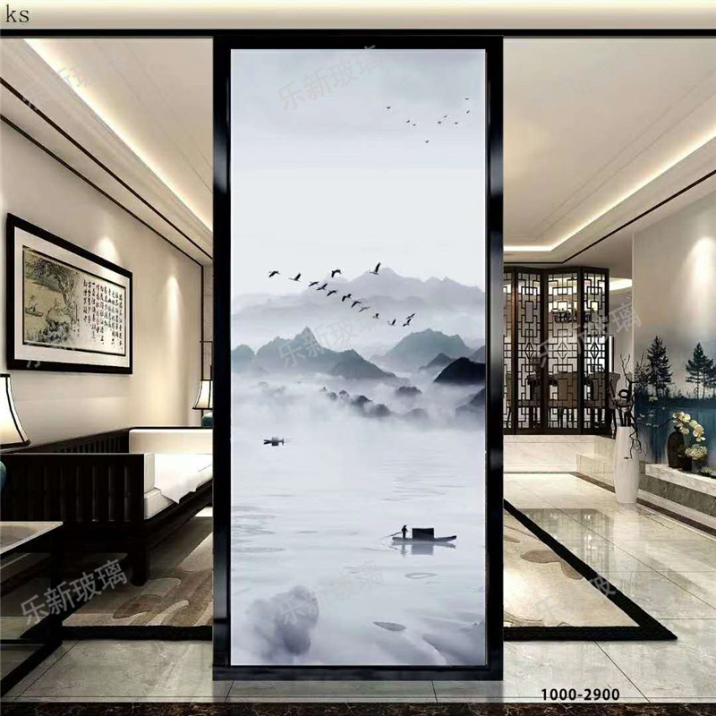 艺术玻璃屏风隔断现代简约客厅卧室家用入户玄关山水画夹绢现代