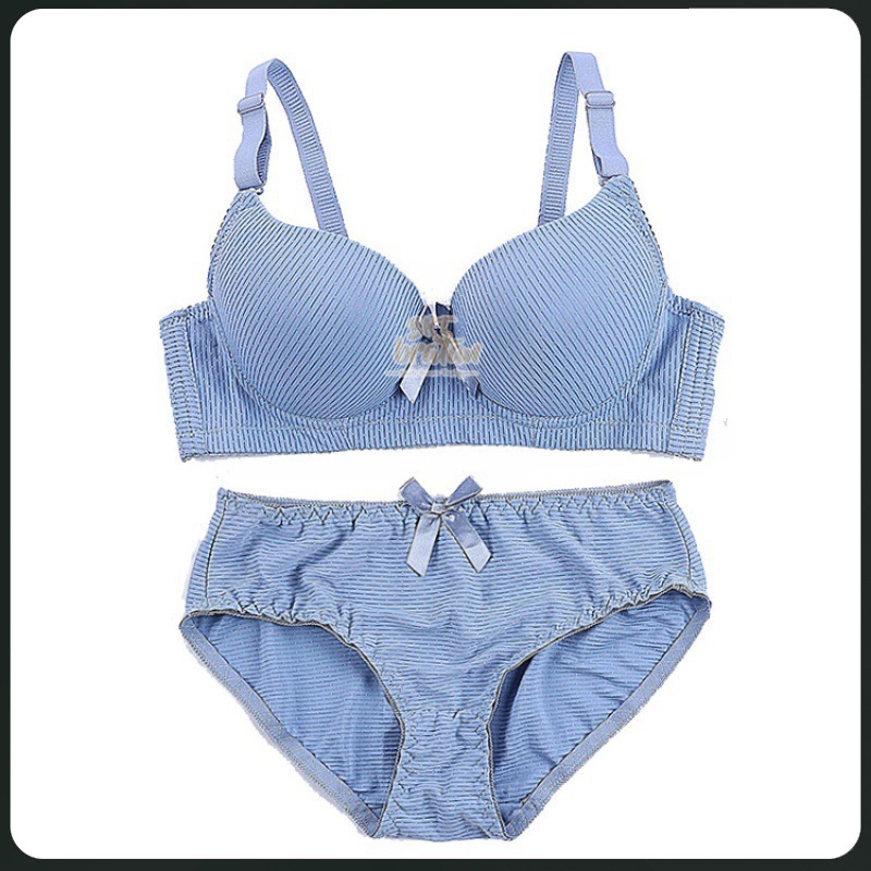 现货文胸套装条纹提花纯色蝴蝶结肩带调整型有钢圈胸罩内衣套装