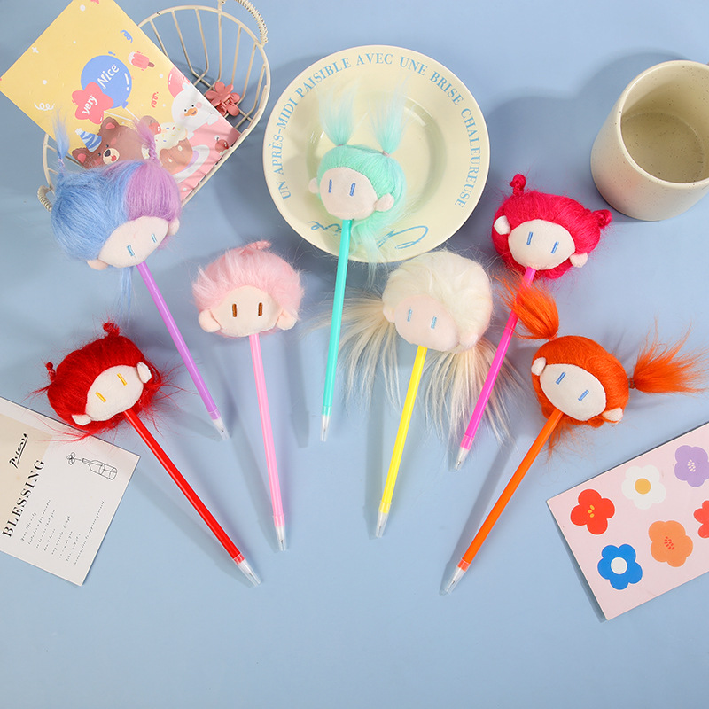 Ins Cute Cartoon Cotton Doll Head Ballpoint Pen Dopamine Bun Doll Pompom Pen Diy Writing Stationery