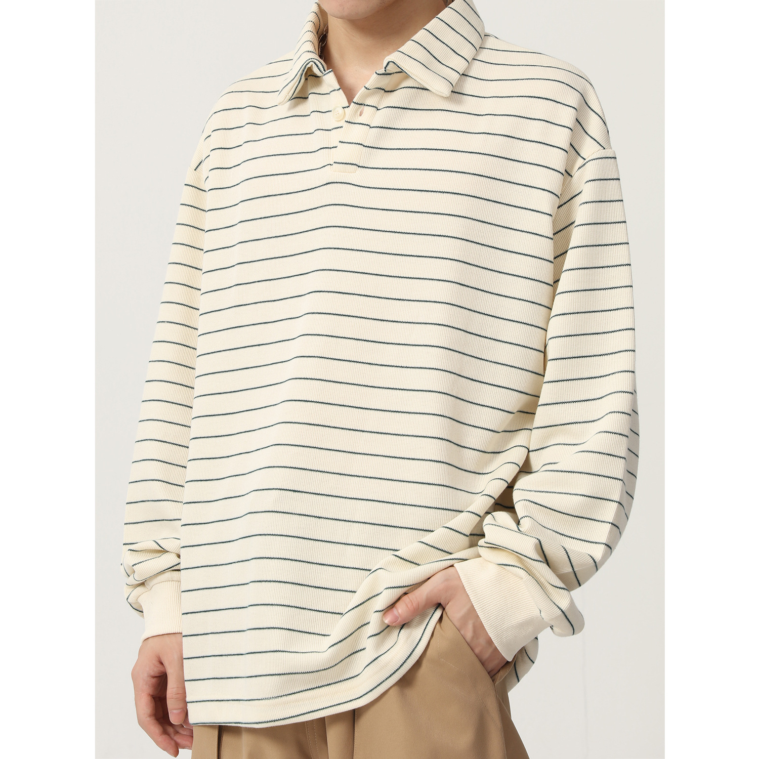 mtl男装| 秋款新品 日系宽松设计感慵懒风条纹情侣polo翻领卫衣男
