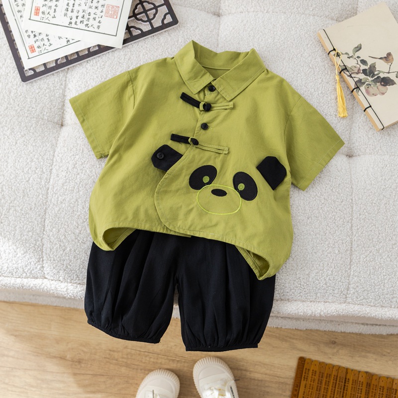 Children's Panda Shirt Short Sleeve Shorts Two Pieces National Style Casual Boys Trendy Handsome Han Chinese Clothing Suits Business Attire Wholesale