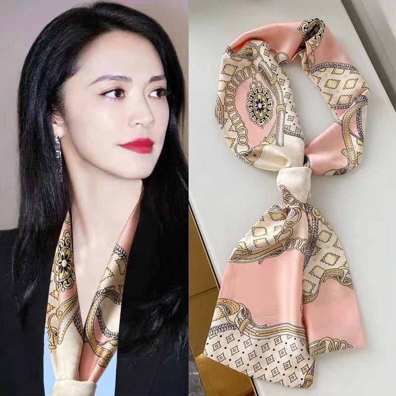 韩版复古气质油画丝巾女春秋百搭飘带双层细窄小领巾长条围巾发带