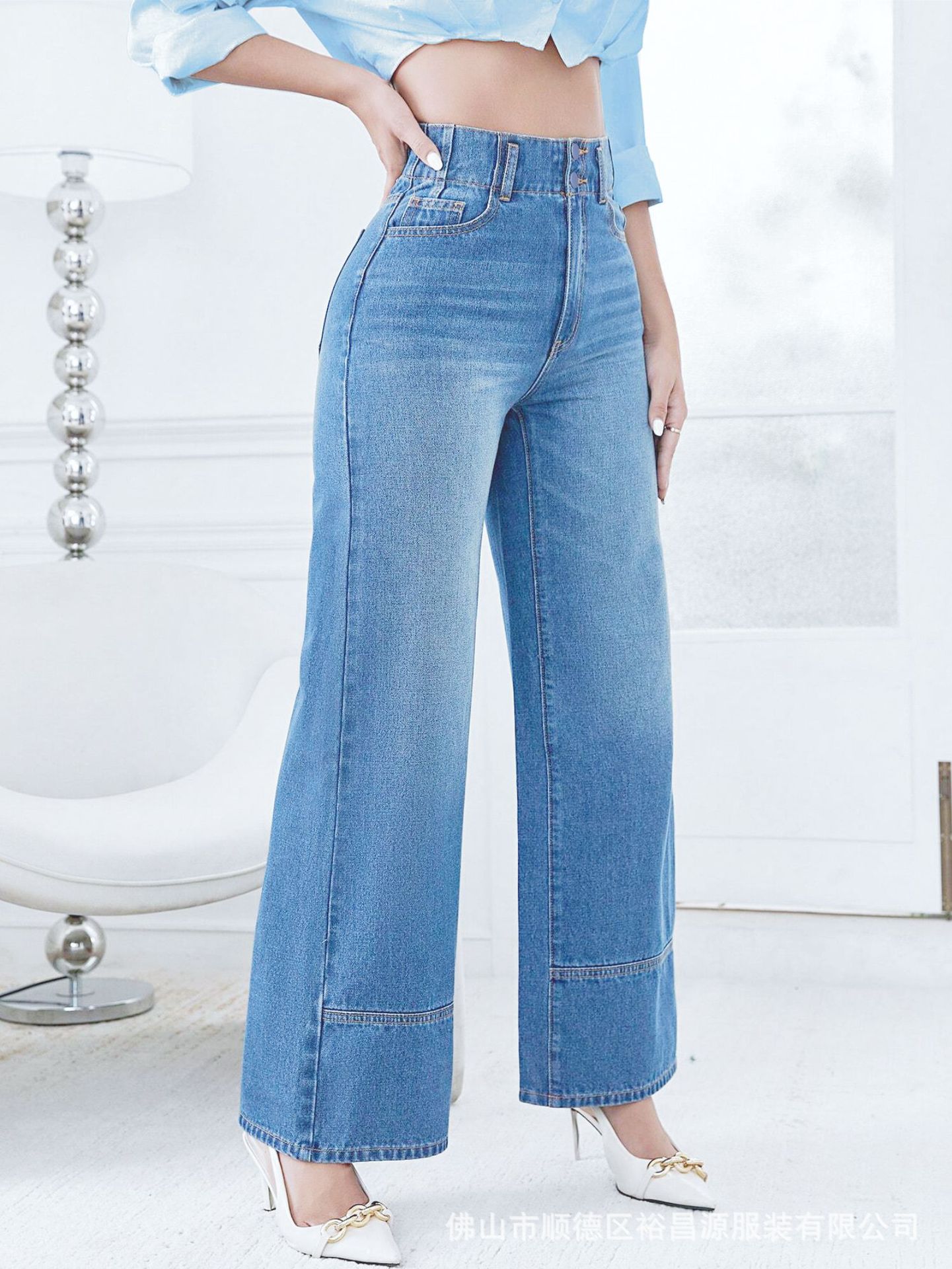 Cross-Border New Amazon EBay Wide-Leg Jeans Women's European and American Style Jeans Fashion Sexy High Waist Double Buttons