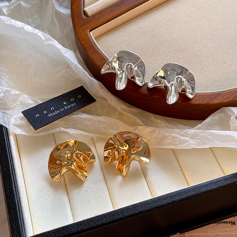 s925 sterling silver needle fashionable all-match elegant simple earrings real gold electroplated metal cold style pleated earrings for women