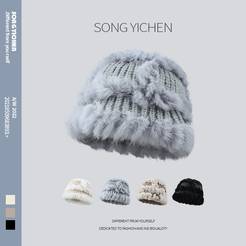 New Rabbit Fur Xingshi Bucket Hat Female Winter Warm Face Small Plush Knitted Hat Female Cute Bucket Hat