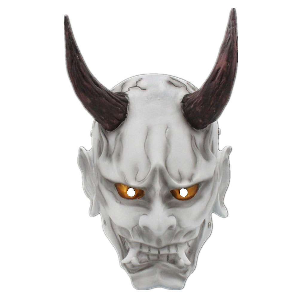 新日式长角赤般若面具鬼脸獠牙恶魔王面罩万圣节脸谱演出装饰挂件