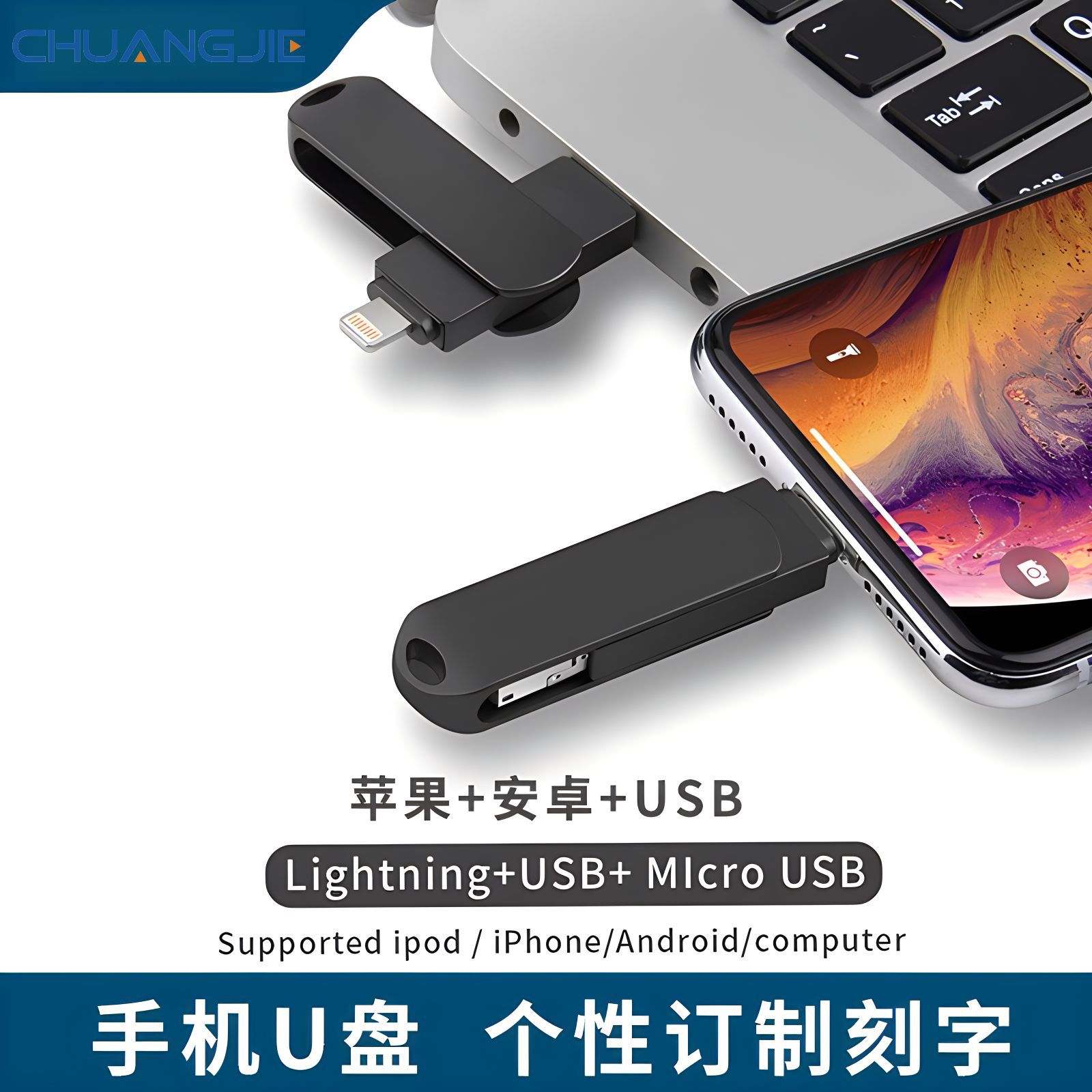 金属三合一手机电脑u盘 旋转金属u盘 128g大容量移动高速储存优盘