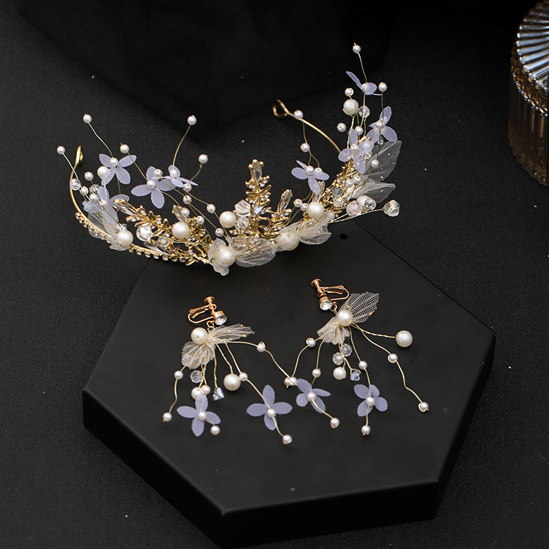 2021新款皇冠手工女式合金羽毛儿童公主头冠金色婚礼头饰新娘饰品