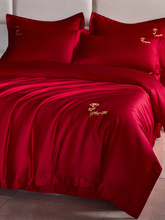 MJ43简约玫瑰新婚庆四件套100S长绒棉被套大红色送礼喜被结婚床上