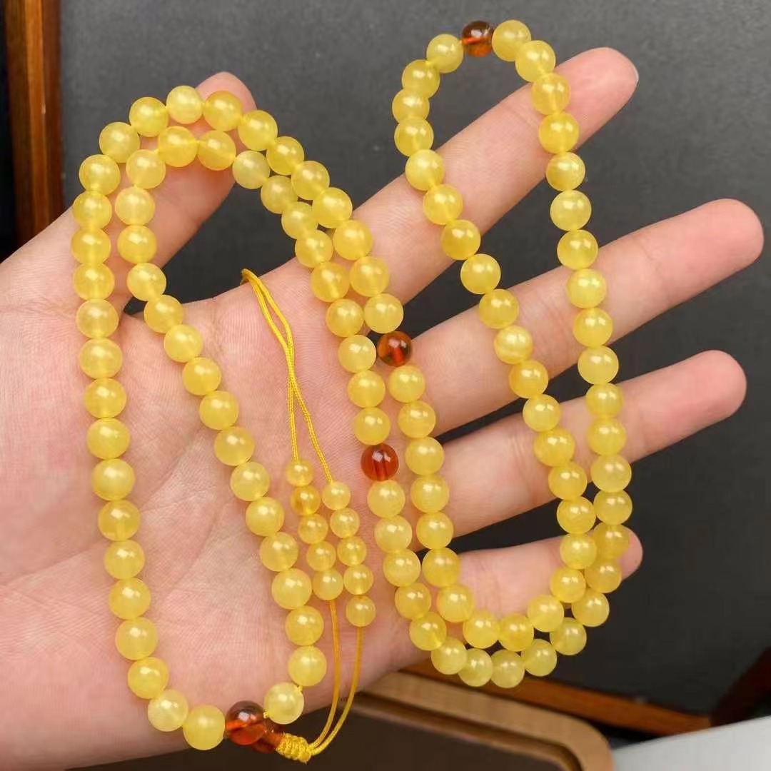 天然鸡油黄蜜蜡108颗佛珠手链 直播diy手工百搭7mm文玩佛珠配链