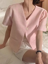 韩国chic 夏季小众减龄粗纺小香风上衣外套粉红色