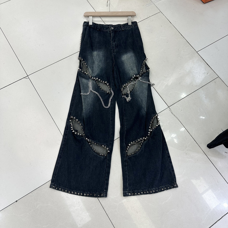 十三行夏新款拖地痞帅重工金属铆钉链条镂空设计感牛仔裤a2#3319