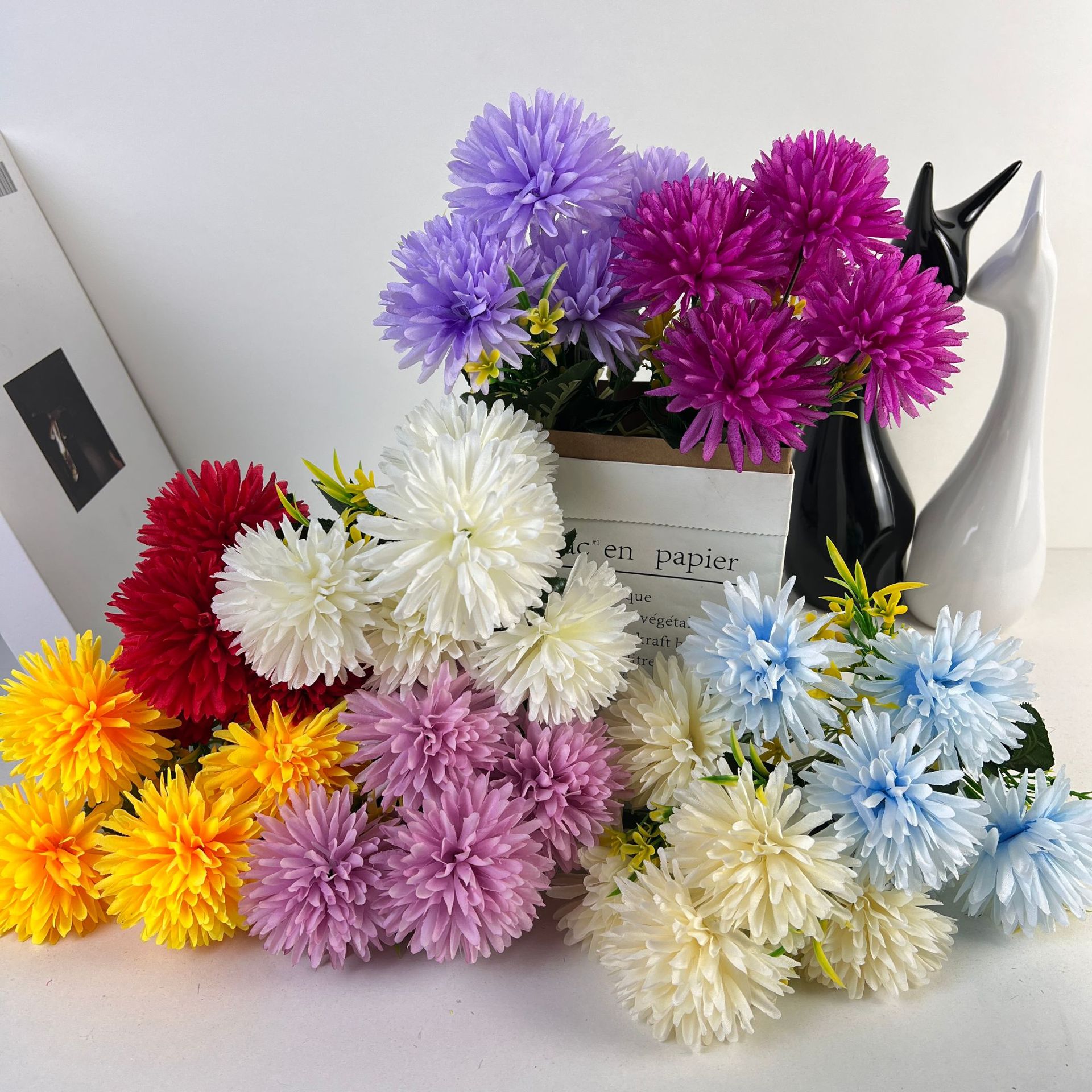 仿真5头球菊 小把假花家居菊花绢花蒲公英花婚庆装饰摆件跨境批发