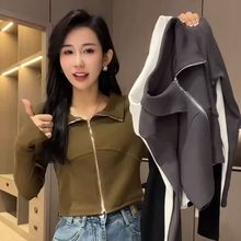 韩式别致设计感纯色POLO领外套女022早秋新款时尚洋气拉链打底衫