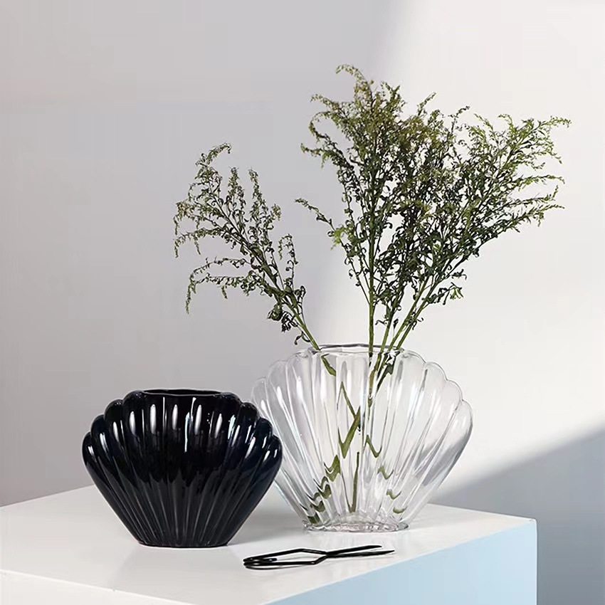 现代简约贝壳扇形玻璃花瓶蓝色摆件装饰透明家居水培插花花器