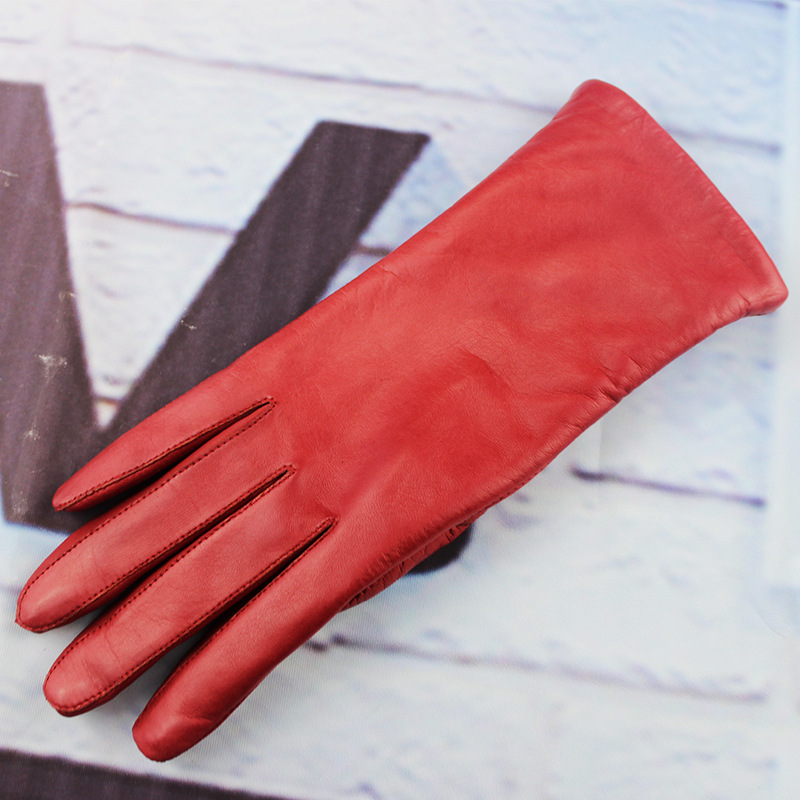 红色长款加绒羊皮手套 礼服手套女气质 女冬皮手套新款户外女手套