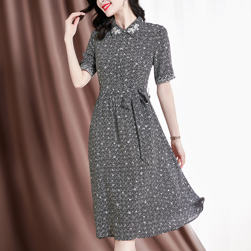 杭派女装时尚减龄2022夏季ol气质女装真丝短袖翻领大摆型连衣裙