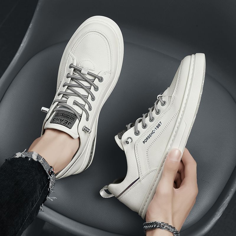Men's Shoes Fall Trendy All-Match Slip-on Low-Top Flat Shoes Men's Casual Leather Shoes Waterproof White Spring and Autumn Tide Shoes