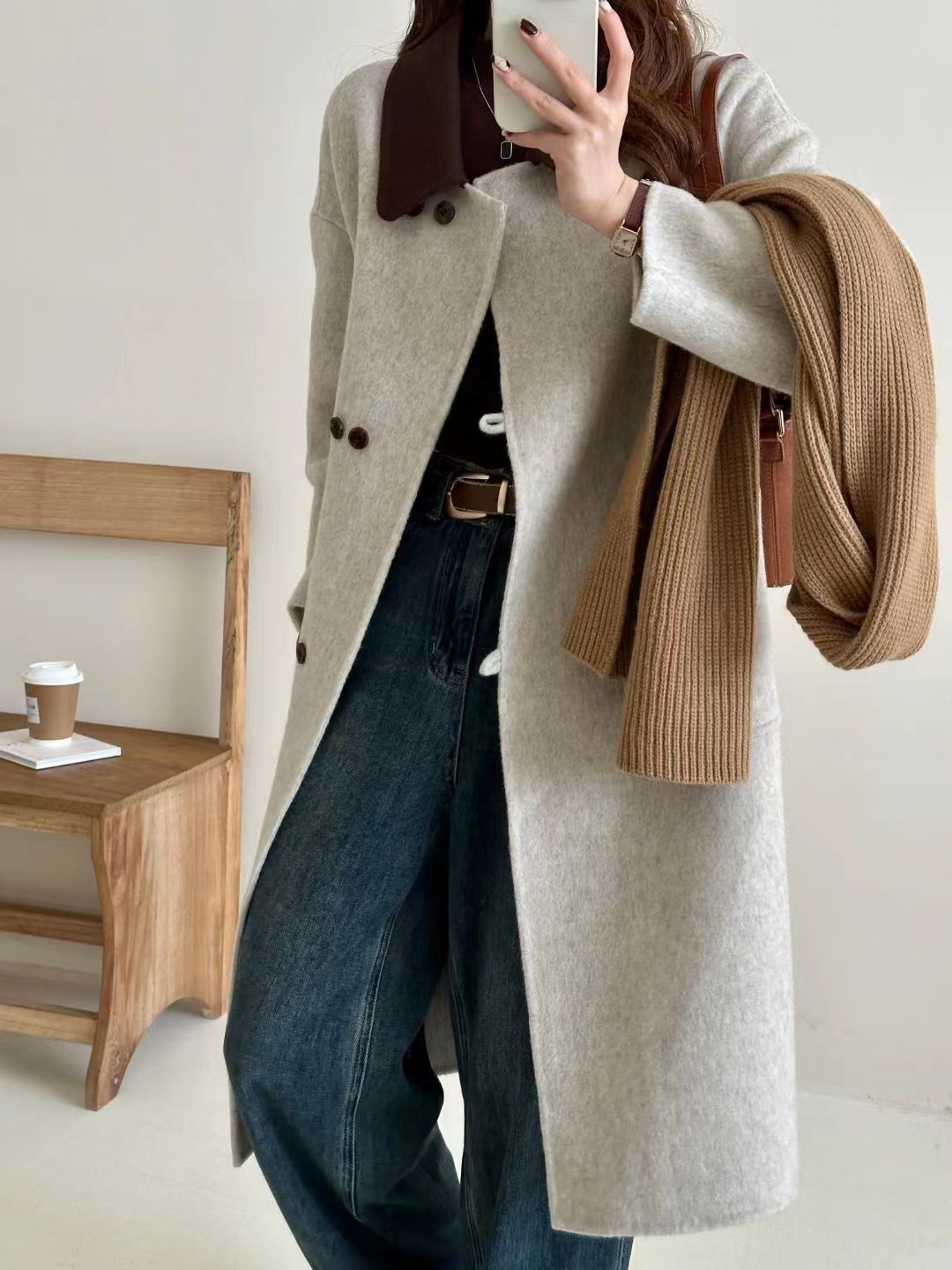 2023 New Mid-Length Doll Collar Wool Double-Sided Hand-Stitched Woolen Autumn and Winter Women's Coat Loose Korean Style