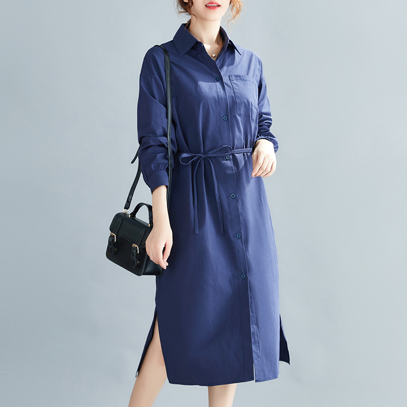 宽松带领中长款衬衫裙长袖大码胖mm简约显瘦秋装2021新款连衣裙女