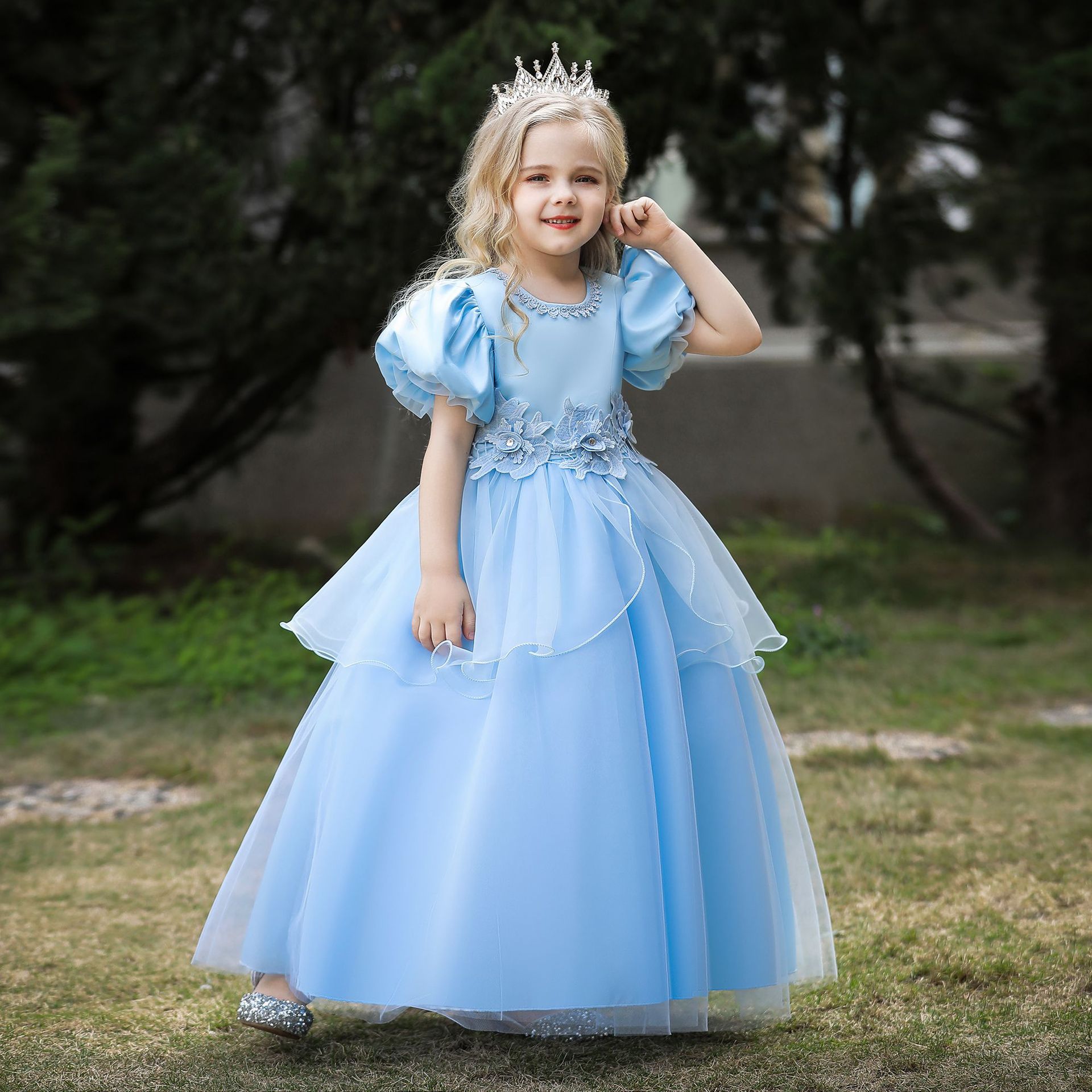 ins速卖通儿童礼服灰姑娘泡泡袖公主裙花边花童婚纱礼服裙演出服