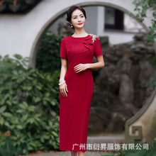 2023夏季喜婆婆婚宴装礼服裙新款时尚红色圆领丈母娘敬酒服连衣裙